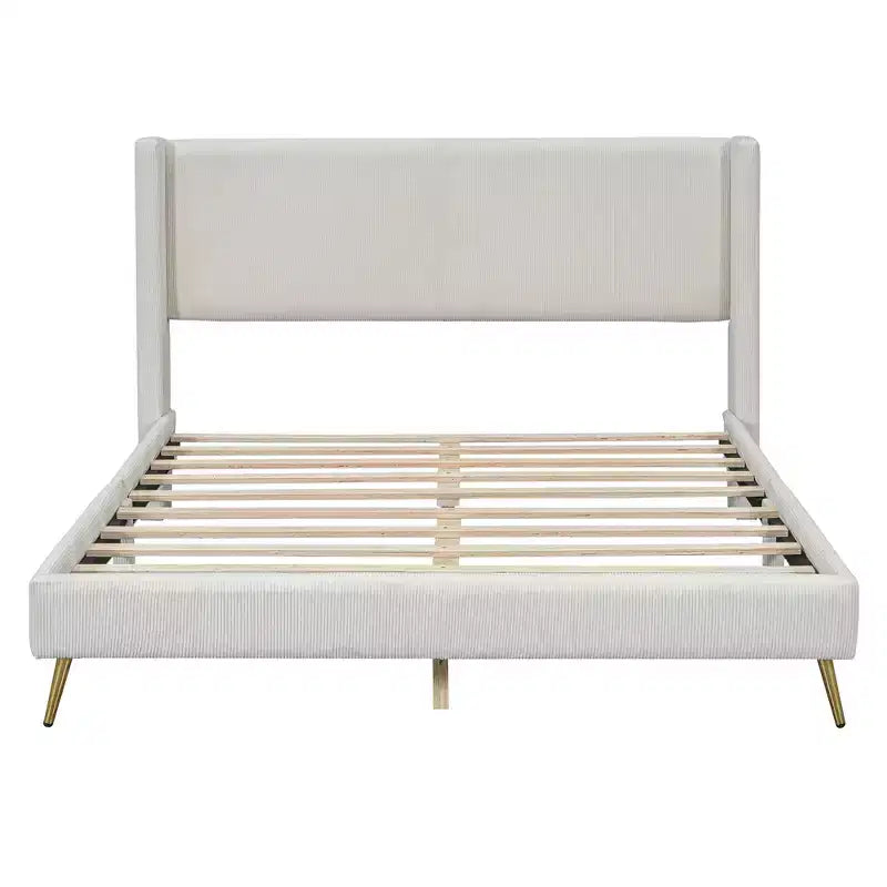 Wood Platform Bed Corduroy Upholstered with Wingback Headboard and Vertical Stripe