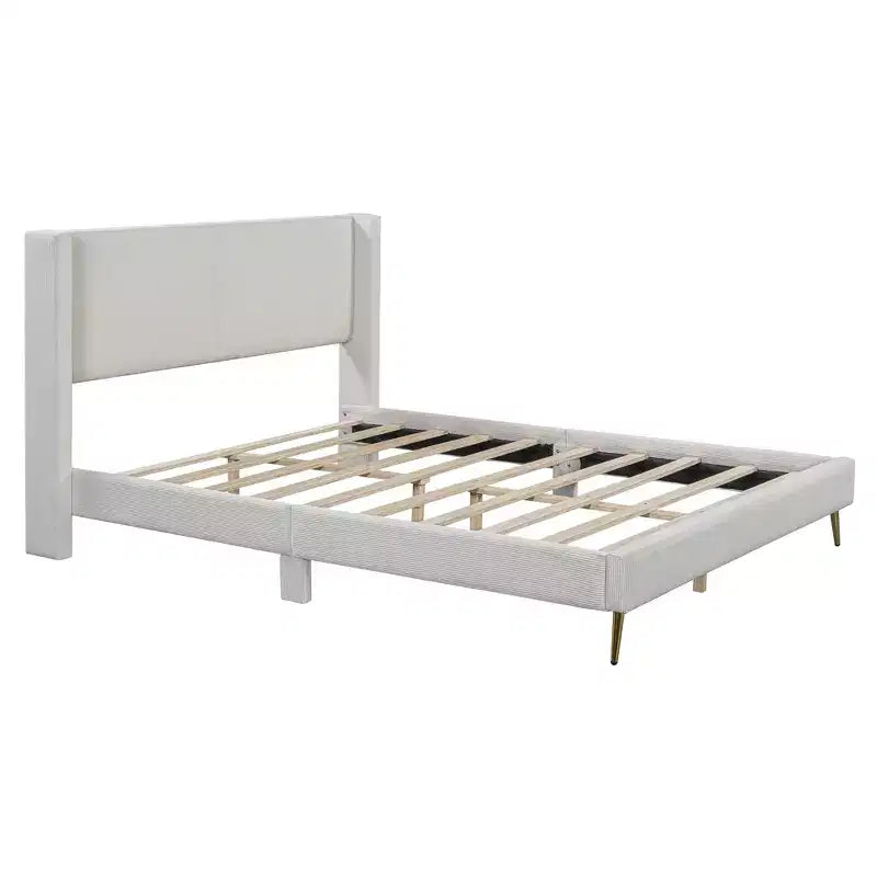 Wood Platform Bed Corduroy Upholstered with Wingback Headboard and Vertical Stripe