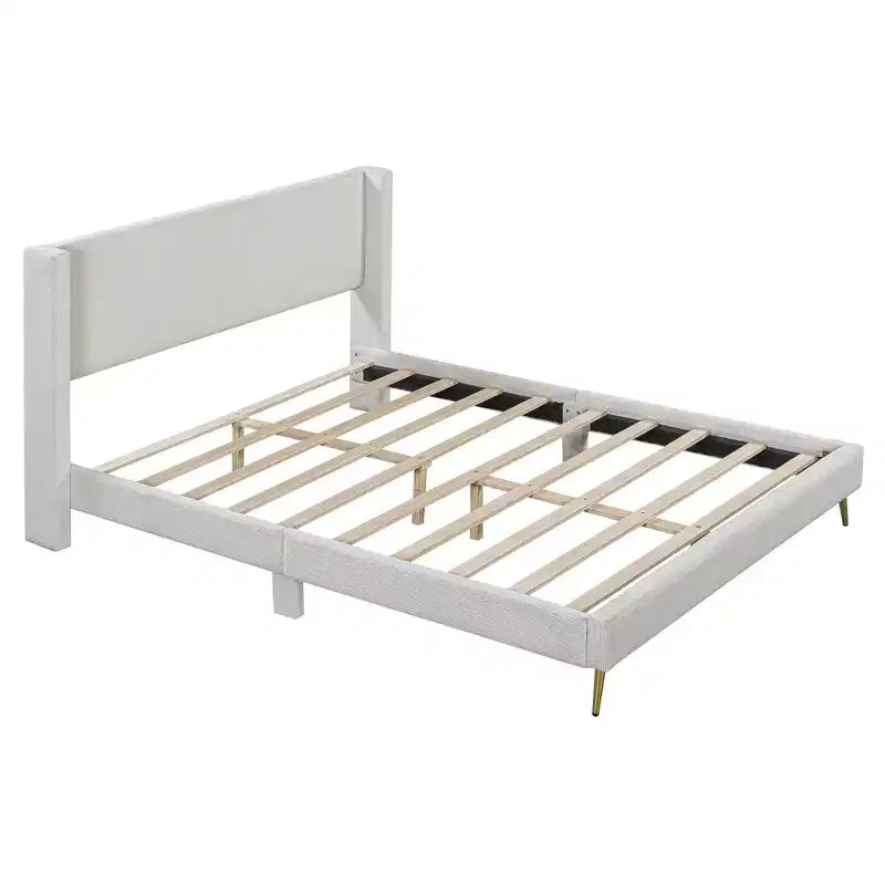 Wood Platform Bed Corduroy Upholstered with Wingback Headboard and Vertical Stripe