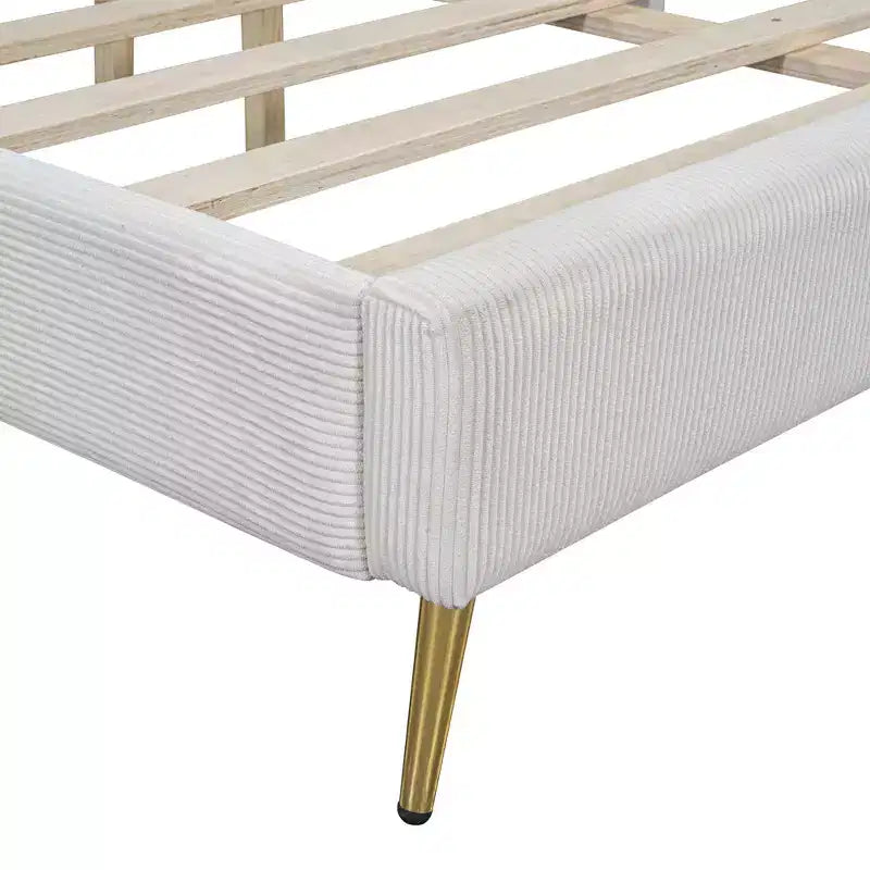 Wood Platform Bed Corduroy Upholstered with Wingback Headboard and Vertical Stripe