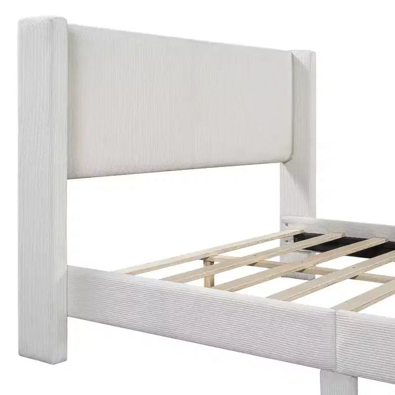 Wood Platform Bed Corduroy Upholstered with Wingback Headboard and Vertical Stripe