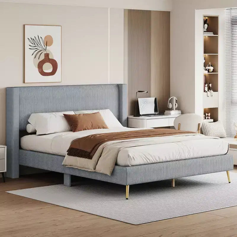 Wood Platform Bed Corduroy Upholstered with Wingback Headboard and Vertical Stripe