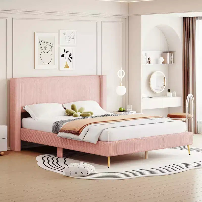 Wood Platform Bed Corduroy Upholstered with Wingback Headboard and Vertical Stripe