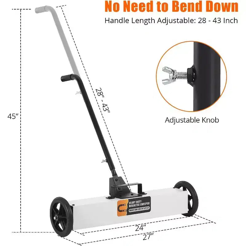 Magnetic Sweeper Rolling, 24 Industrial 33LBS Capacity w/Adjustable Handle & 7 Wheels for Nails Debris (White)