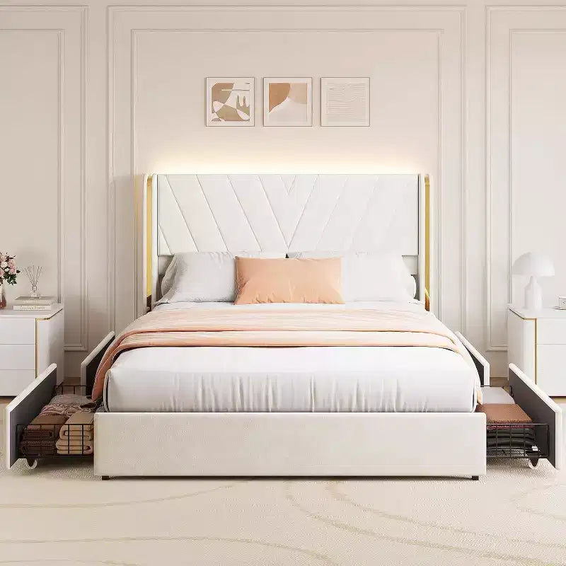 Acekool Queen Bed - LED Lights & Storage Drawers