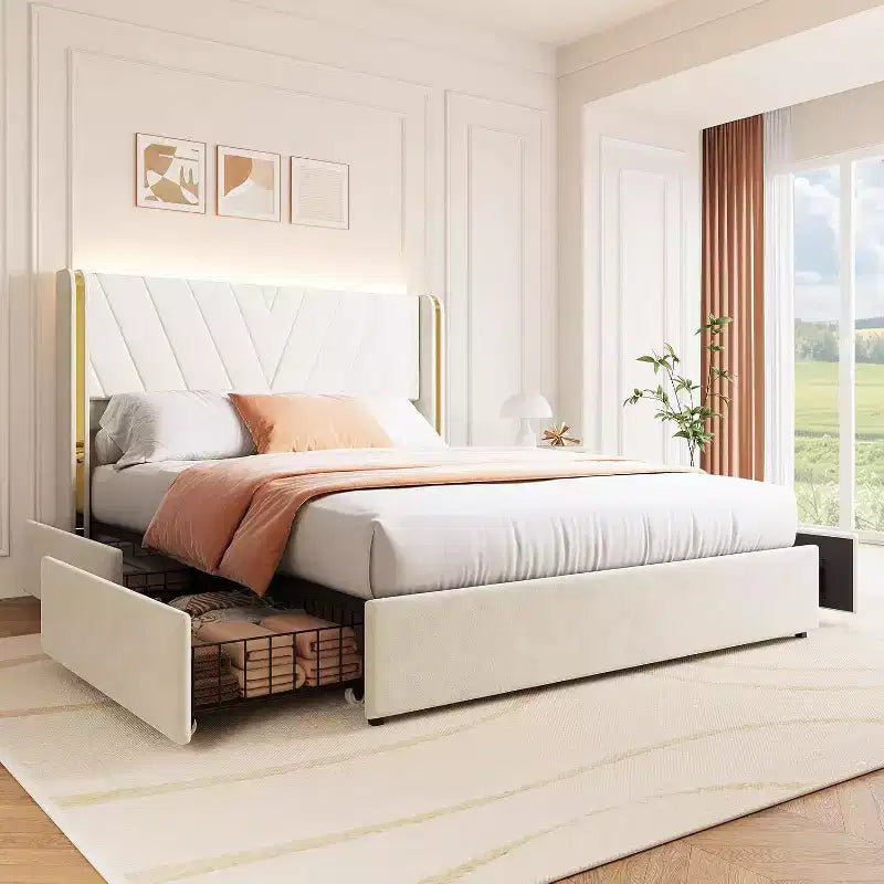 Acekool Queen Bed - LED Lights & Storage Drawers