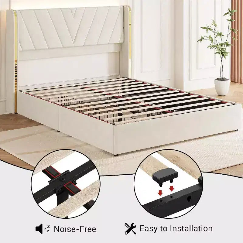 Acekool Queen Bed - LED Lights & Storage Drawers