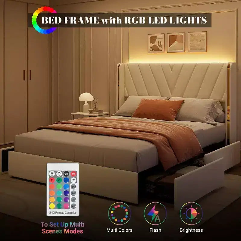 Acekool Queen Bed - LED Lights & Storage Drawers