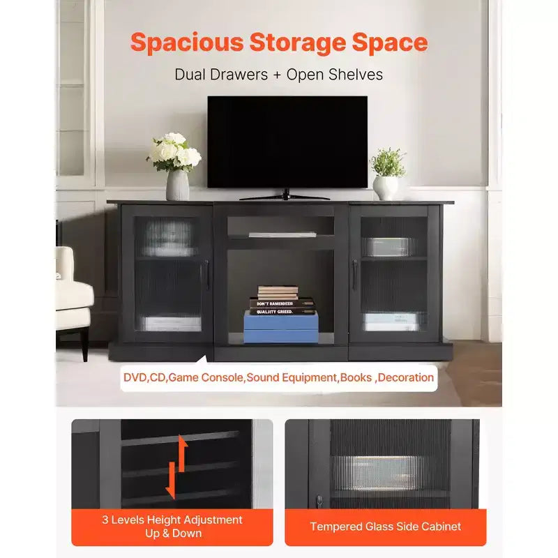 VEVOR TV Stand for TVs up to 65 inch, Modern Entertainment Center with Light Strip, Wooden TV Cabinet Storage, Black