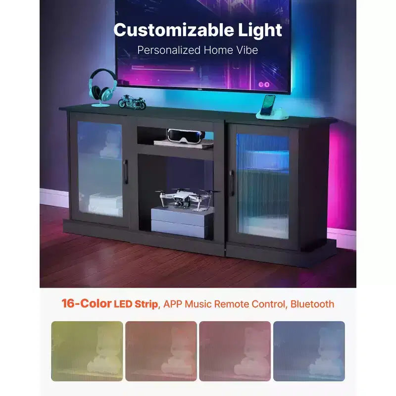 VEVOR TV Stand for TVs up to 65 inch, Modern Entertainment Center with Light Strip, Wooden TV Cabinet Storage, Black