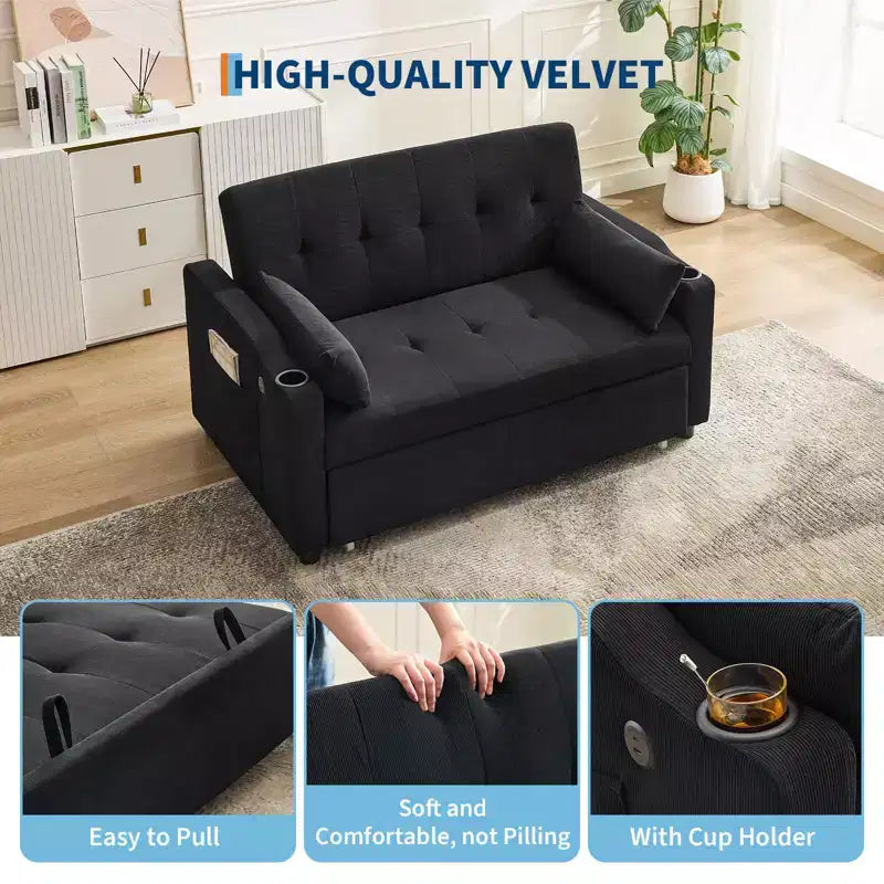 GustoWave Convertible Futon Sleeper Couch, Corduroy Pull Out Loveseat Sofa Bed for Small Spaces, 3 in 1 Compact Sofa Furniture