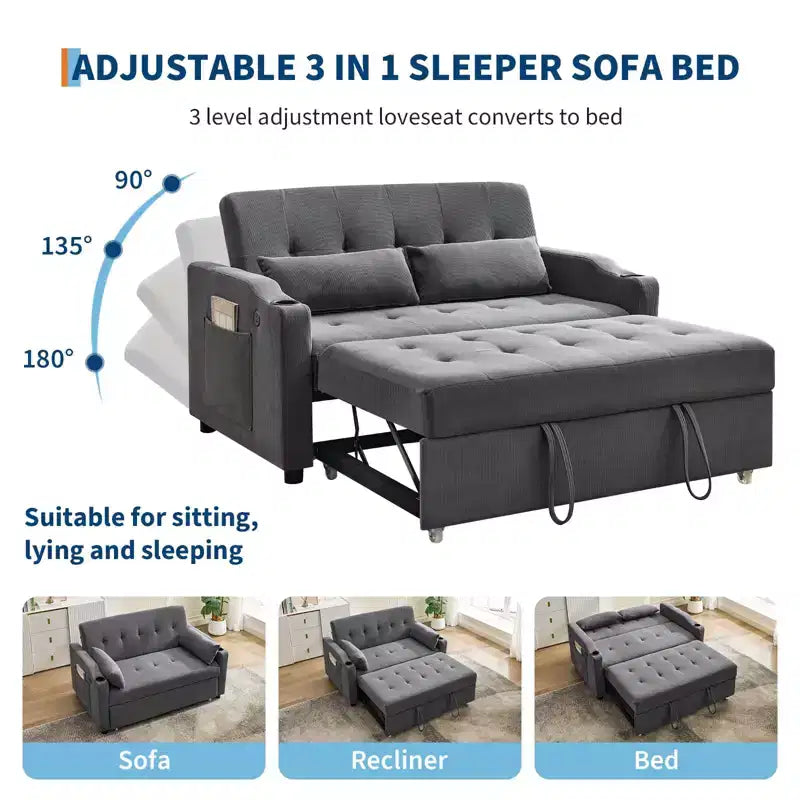 GustoWave Convertible Futon Sleeper Couch, Corduroy Pull Out Loveseat Sofa Bed for Small Spaces, 3 in 1 Compact Sofa Furniture