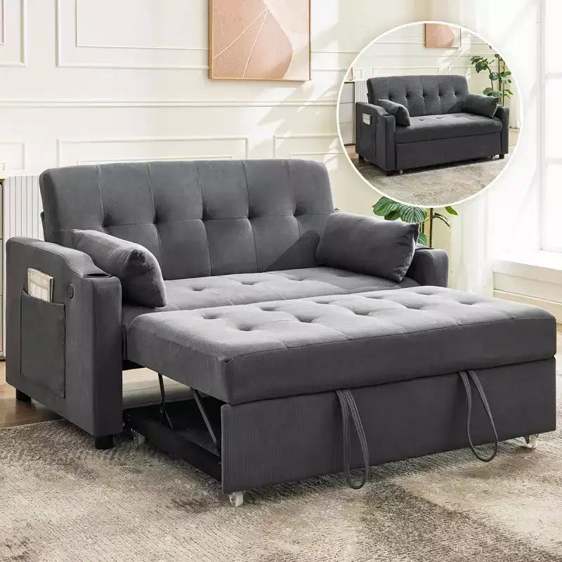 GustoWave Convertible Futon Sleeper Couch, Corduroy Pull Out Loveseat Sofa Bed for Small Spaces, 3 in 1 Compact Sofa Furniture
