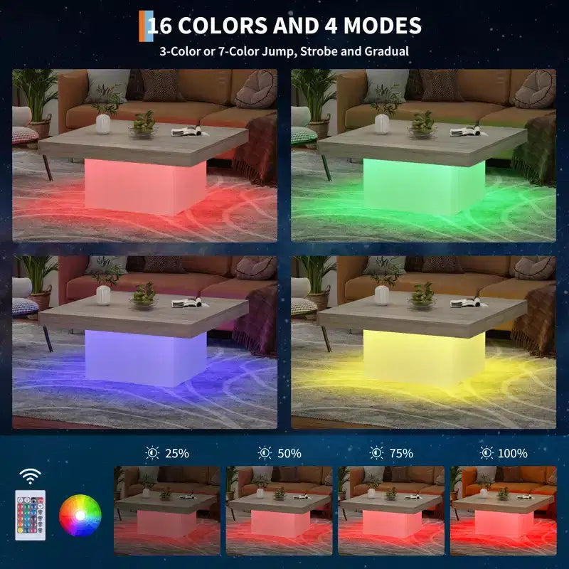 35 Inch Square Coffee Table with Led Lights, Modern Coffee Tables with Plug-in 16-Color LED Lights, Cocktail Table for Home Office, Apartment