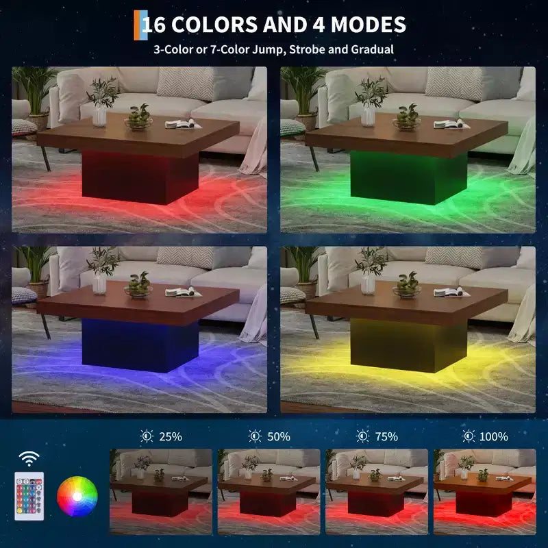 35 Inch Square Coffee Table with Led Lights, Modern Coffee Tables with Plug-in 16-Color LED Lights, Cocktail Table for Home Office, Apartment