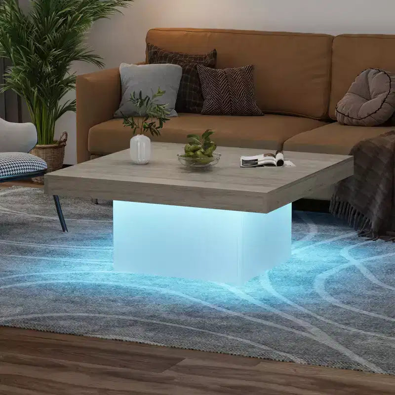 35 Inch Square Coffee Table with Led Lights, Modern Coffee Tables with Plug-in 16-Color LED Lights, Cocktail Table for Home Office, Apartment