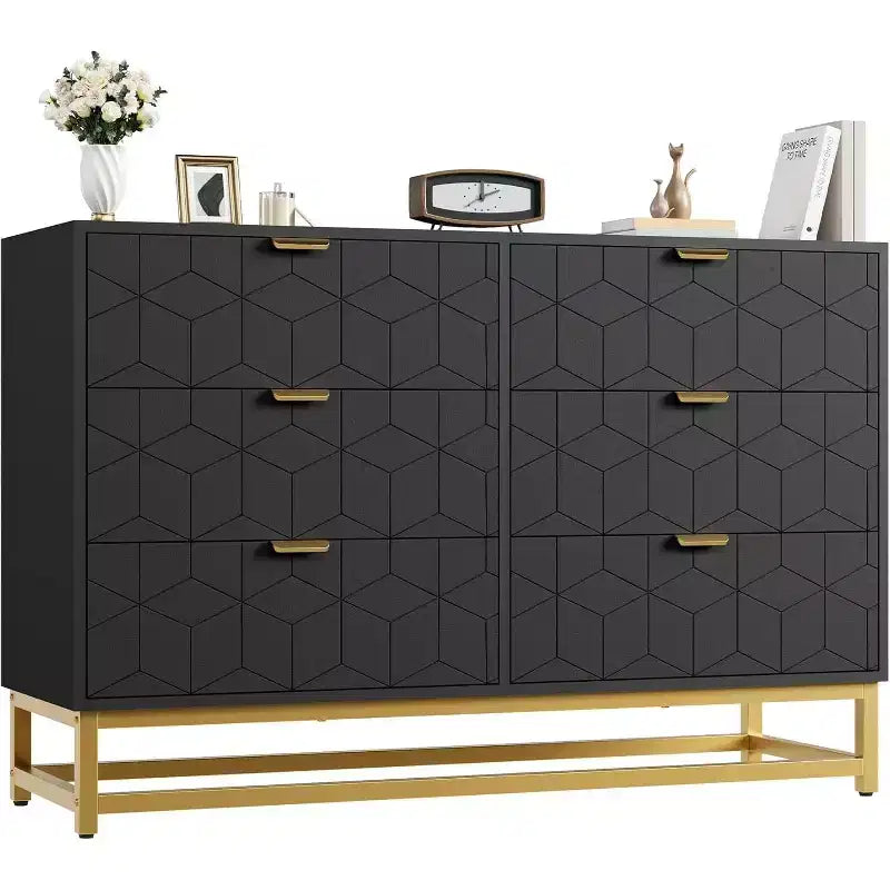 6 Drawer Dresser with Wide Storage, Wood Dresser Chest Organizer with Metal Legs, Modern Dressers & chests of Drawers for Bedroom, Living Room