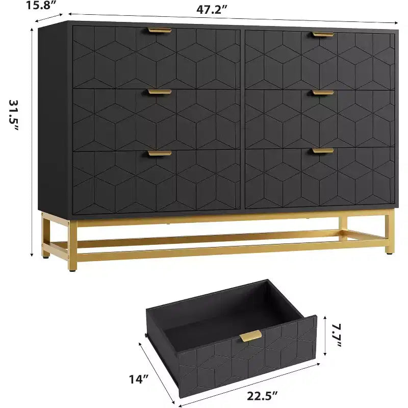 6 Drawer Dresser with Wide Storage, Wood Dresser Chest Organizer with Metal Legs, Modern Dressers & chests of Drawers for Bedroom, Living Room