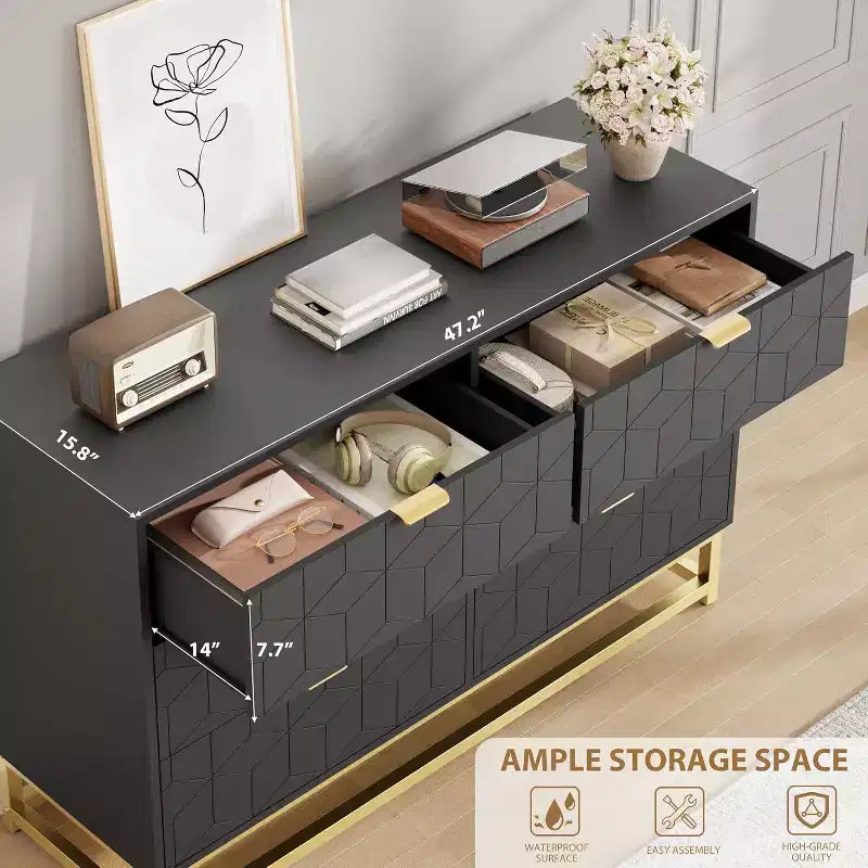 6 Drawer Dresser with Wide Storage, Wood Dresser Chest Organizer with Metal Legs, Modern Dressers & chests of Drawers for Bedroom, Living Room