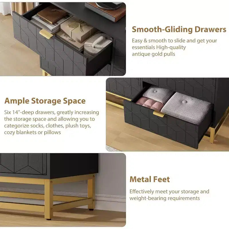 6 Drawer Dresser with Wide Storage, Wood Dresser Chest Organizer with Metal Legs, Modern Dressers & chests of Drawers for Bedroom, Living Room