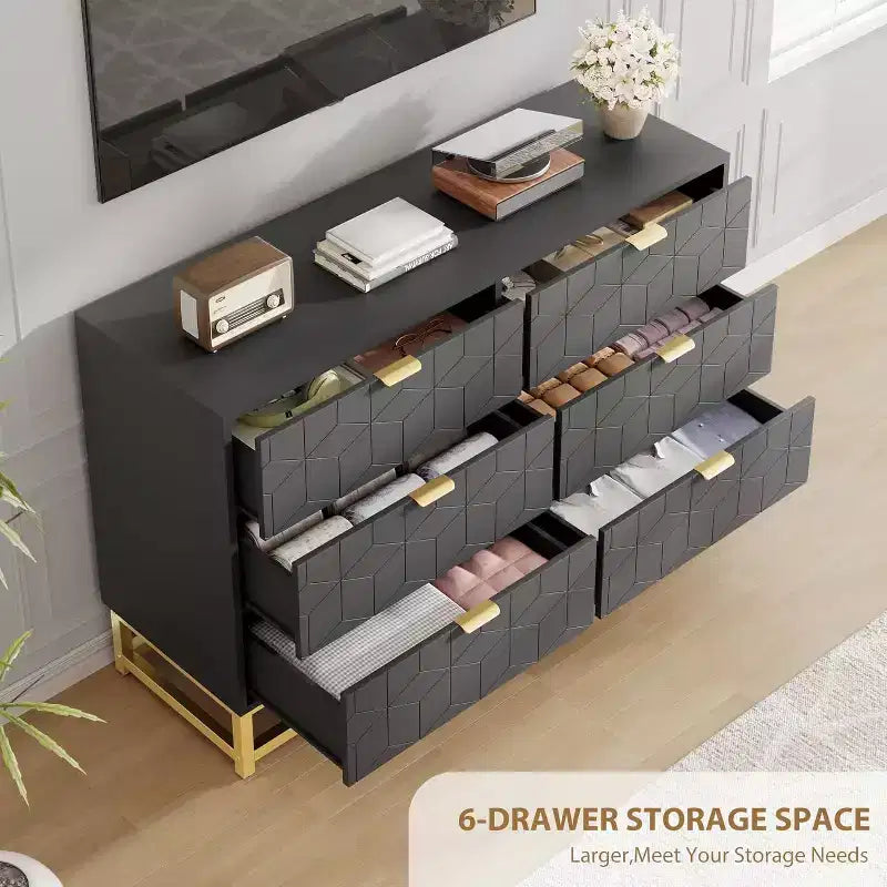 6 Drawer Dresser with Wide Storage, Wood Dresser Chest Organizer with Metal Legs, Modern Dressers & chests of Drawers for Bedroom, Living Room