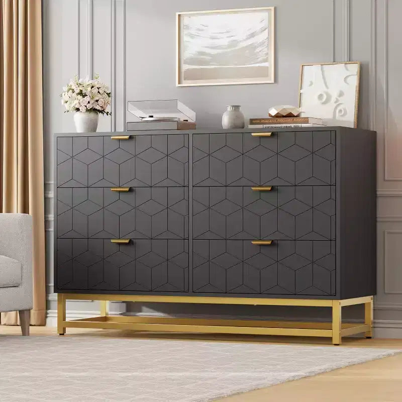 6 Drawer Dresser with Wide Storage, Wood Dresser Chest Organizer with Metal Legs, Modern Dressers & chests of Drawers for Bedroom, Living Room