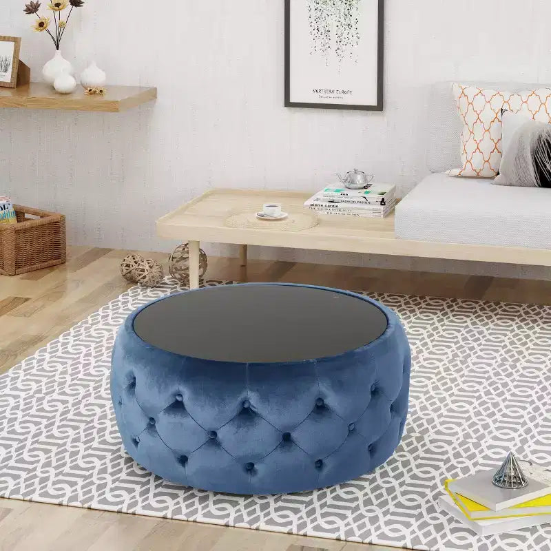 GDFStudio Ivy Glam Velvet Tufted Coffee Table Ottoman with Tempered Glass