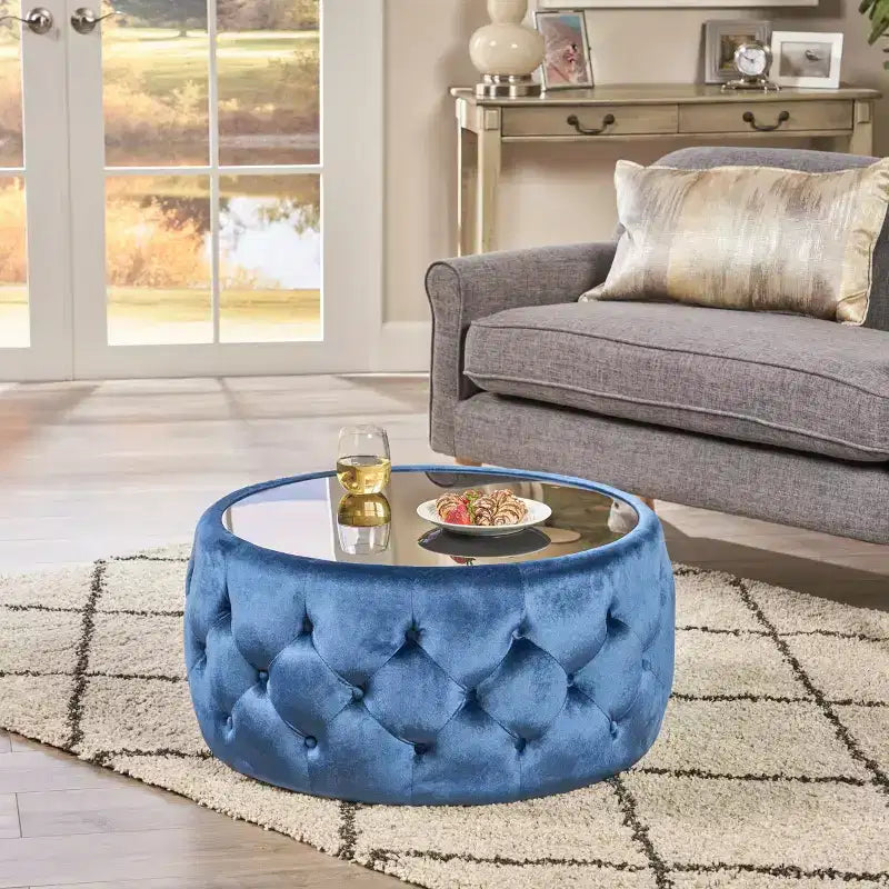 GDFStudio Ivy Glam Velvet Tufted Coffee Table Ottoman with Tempered Glass