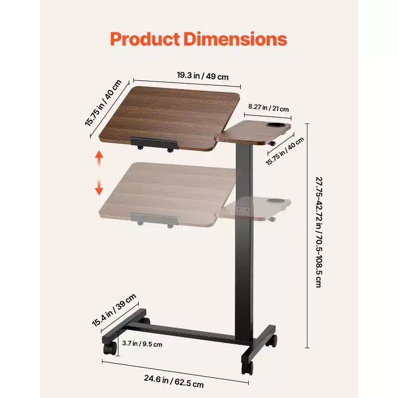VEVOR Overbed Table, Mobile Bed Side Table with Flip Desktop and 4 Wheels, Height & Angle Adjustable Rolling Laptop Desk, Wood + Black