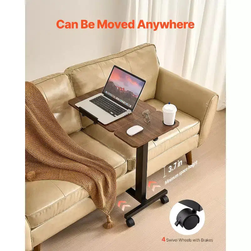 VEVOR Overbed Table, Mobile Bed Side Table with Flip Desktop and 4 Wheels, Height & Angle Adjustable Rolling Laptop Desk, Wood + Black