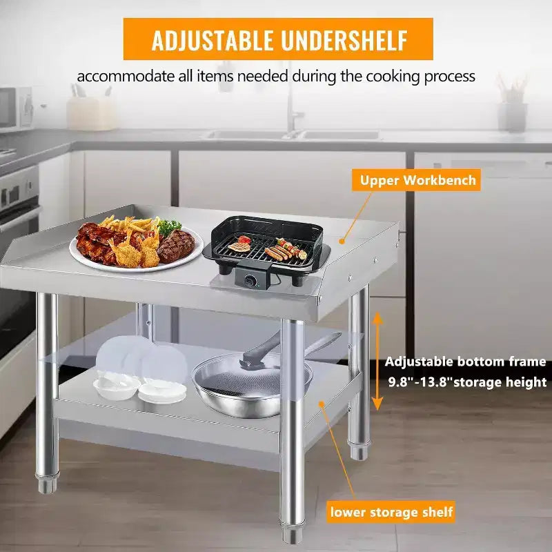 Acekool 24 Stainless Steel Grill Stand  1000 lb Rated Commercial Table with Adjustable Legs & Safety Baffle