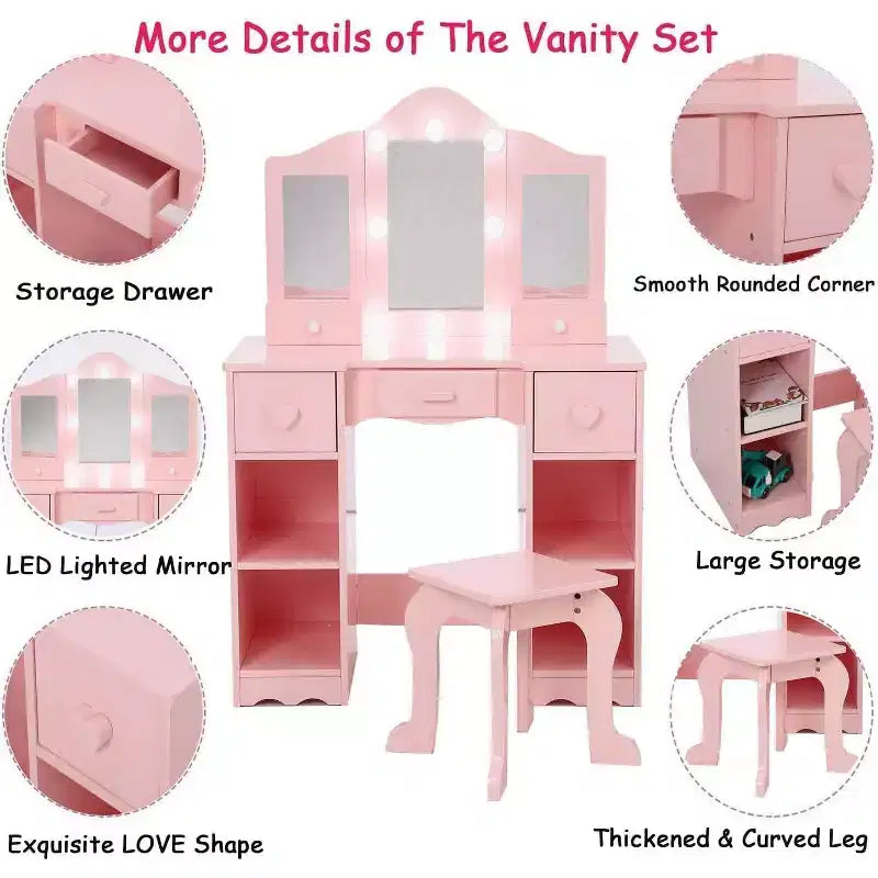 GustoWave Girls Vanity Table with Tri-Folding Mirror, Light,Stool & Drawer, 2 in 1 Wooden Makeup Desk Dressing Table, Pretend Play Vanity Set for Kids
