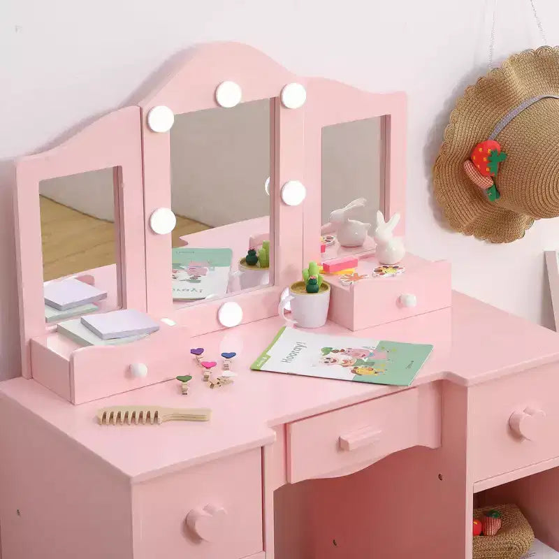 GustoWave Girls Vanity Table with Tri-Folding Mirror, Light,Stool & Drawer, 2 in 1 Wooden Makeup Desk Dressing Table, Pretend Play Vanity Set for Kids