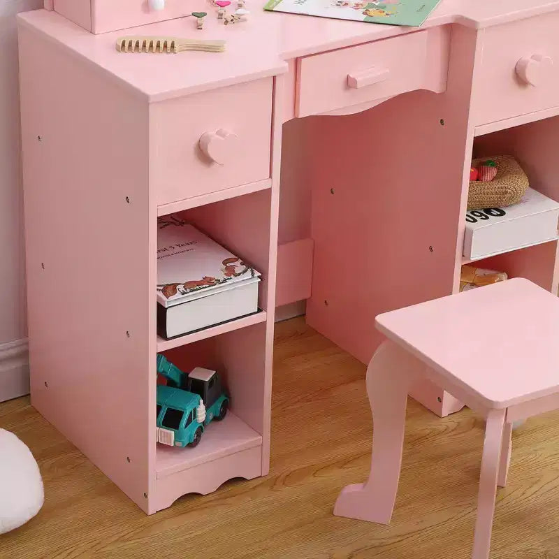 GustoWave Girls Vanity Table with Tri-Folding Mirror, Light,Stool & Drawer, 2 in 1 Wooden Makeup Desk Dressing Table, Pretend Play Vanity Set for Kids
