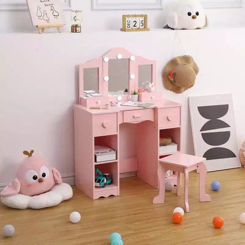 GustoWave Girls Vanity Table with Tri-Folding Mirror, Light,Stool & Drawer, 2 in 1 Wooden Makeup Desk Dressing Table, Pretend Play Vanity Set for Kids