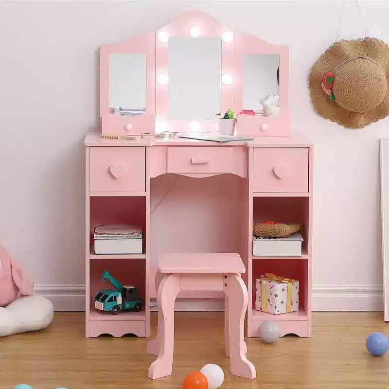 GustoWave Girls Vanity Table with Tri-Folding Mirror, Light,Stool & Drawer, 2 in 1 Wooden Makeup Desk Dressing Table, Pretend Play Vanity Set for Kids