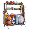 Sports Equipment Garage Organizer, Sports & Toy Storage Organizer for Garage, Outdoor Ball Storage with Baskets, Hooks & Rolling Cart, Ball Rack