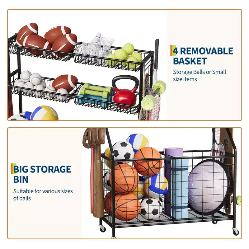 Sports Equipment Garage Organizer, Sports & Toy Storage Organizer for Garage, Outdoor Ball Storage with Baskets, Hooks & Rolling Cart, Ball Rack