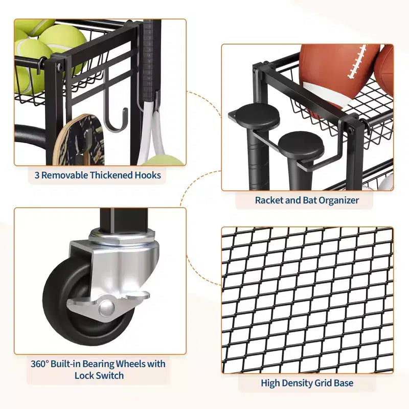 Sports Equipment Garage Organizer, Sports & Toy Storage Organizer for Garage, Outdoor Ball Storage with Baskets, Hooks & Rolling Cart, Ball Rack