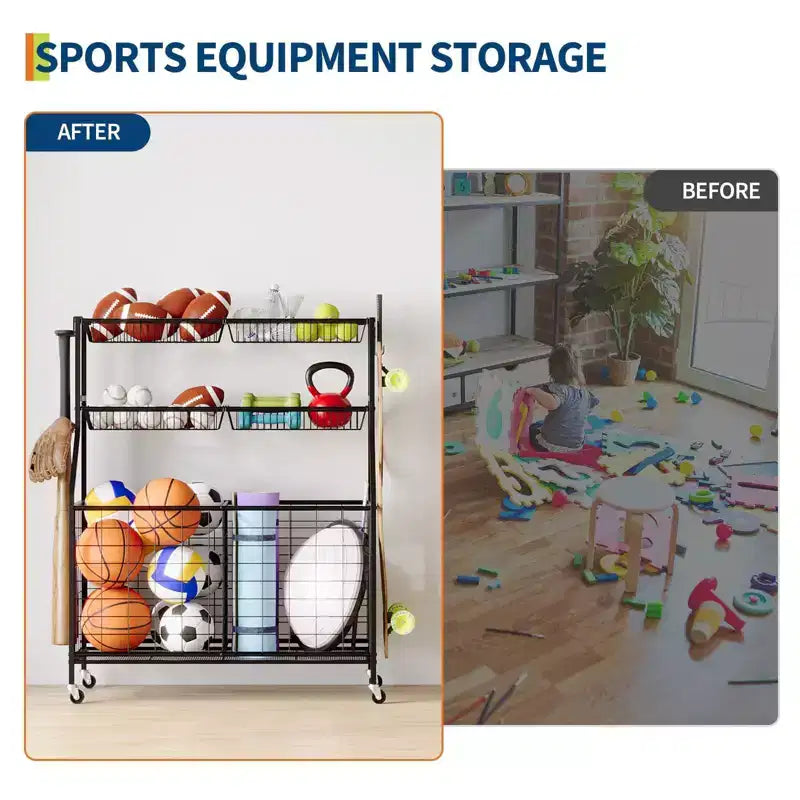 Sports Equipment Garage Organizer, Sports & Toy Storage Organizer for Garage, Outdoor Ball Storage with Baskets, Hooks & Rolling Cart, Ball Rack