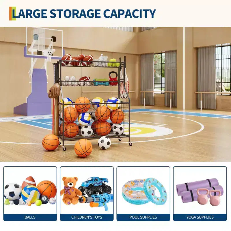 Sports Equipment Garage Organizer, Sports & Toy Storage Organizer for Garage, Outdoor Ball Storage with Baskets, Hooks & Rolling Cart, Ball Rack
