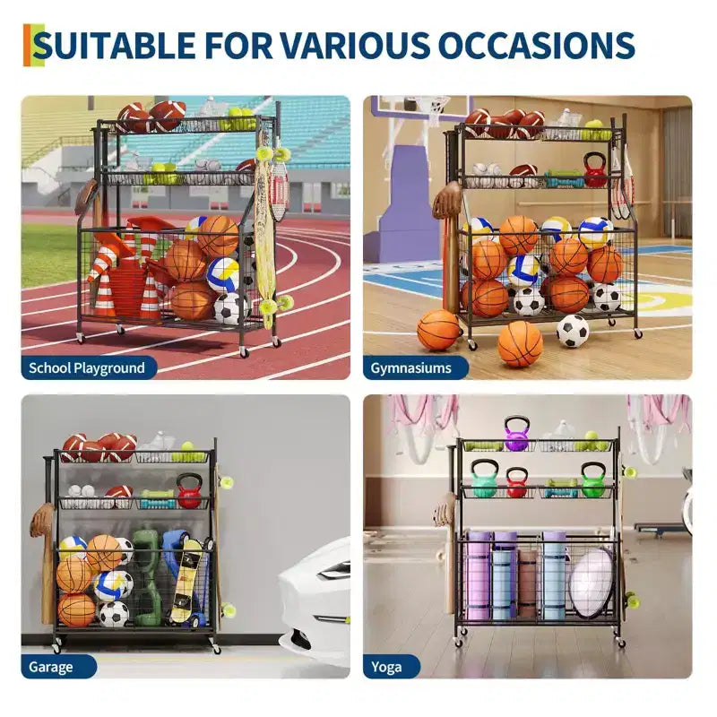 Sports Equipment Garage Organizer, Sports & Toy Storage Organizer for Garage, Outdoor Ball Storage with Baskets, Hooks & Rolling Cart, Ball Rack