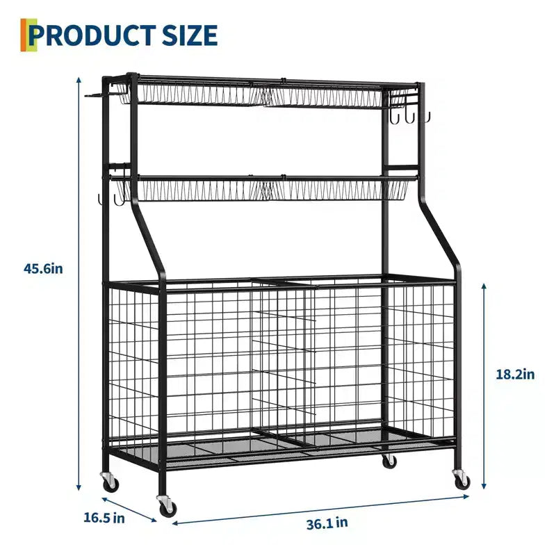 Sports Equipment Garage Organizer, Sports & Toy Storage Organizer for Garage, Outdoor Ball Storage with Baskets, Hooks & Rolling Cart, Ball Rack