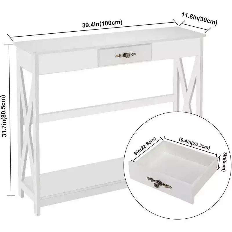 Table d'entrée en panneau de densité blanc de 40,16 po à 2 niveaux avec un tiroir