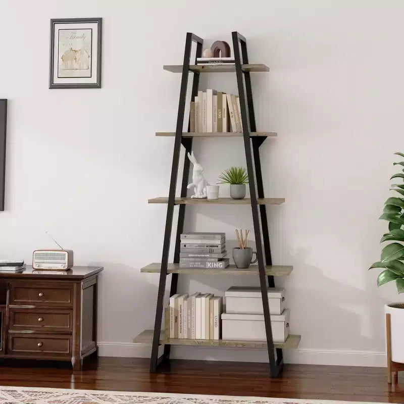 5-Tier Ladder Bookshelf with Metal Support, Tall Rustic Open Etagere Bookcase for Living Room, Office & Kitchen