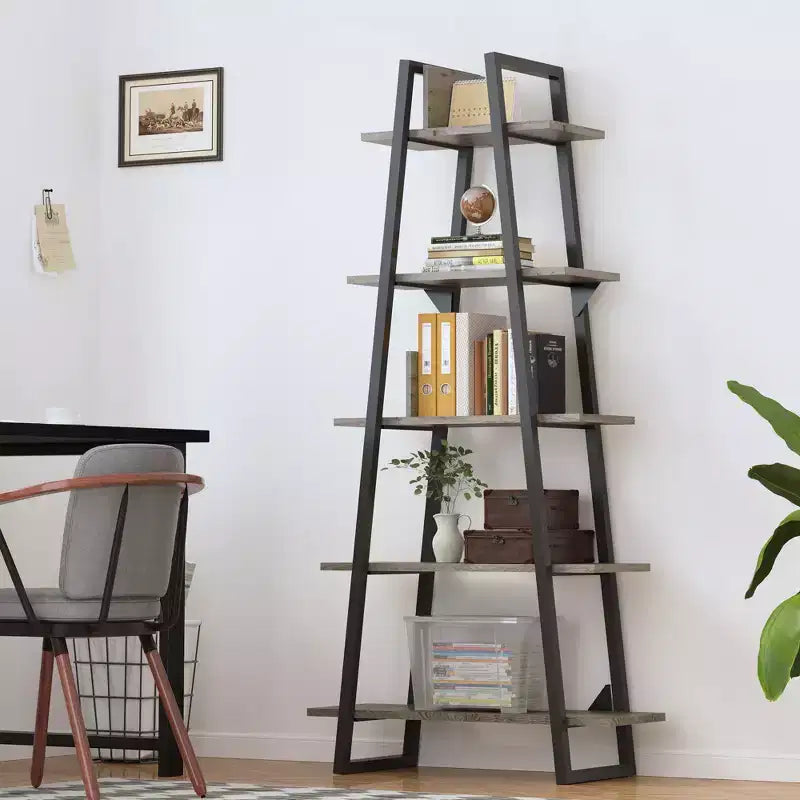 5-Tier Ladder Bookshelf with Metal Support, Tall Rustic Open Etagere Bookcase for Living Room, Office & Kitchen