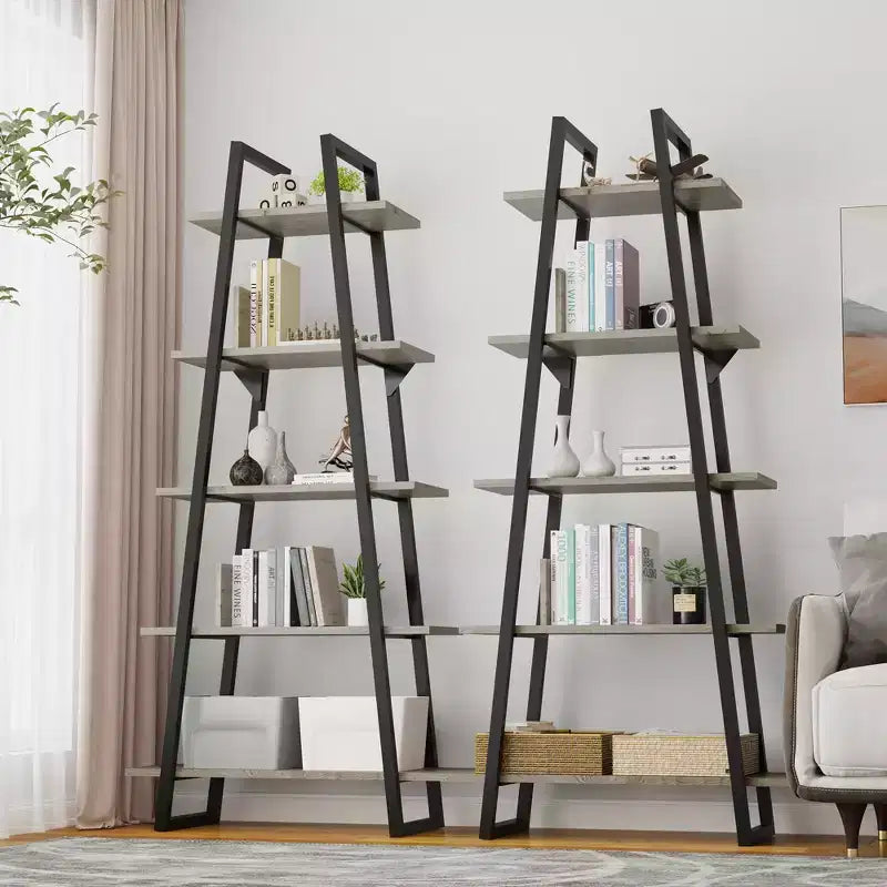 5-Tier Ladder Bookshelf with Metal Support, Tall Rustic Open Etagere Bookcase for Living Room, Office & Kitchen