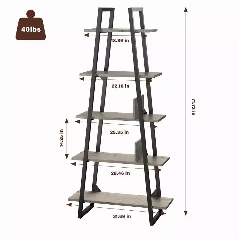5-Tier Ladder Bookshelf with Metal Support, Tall Rustic Open Etagere Bookcase for Living Room, Office & Kitchen