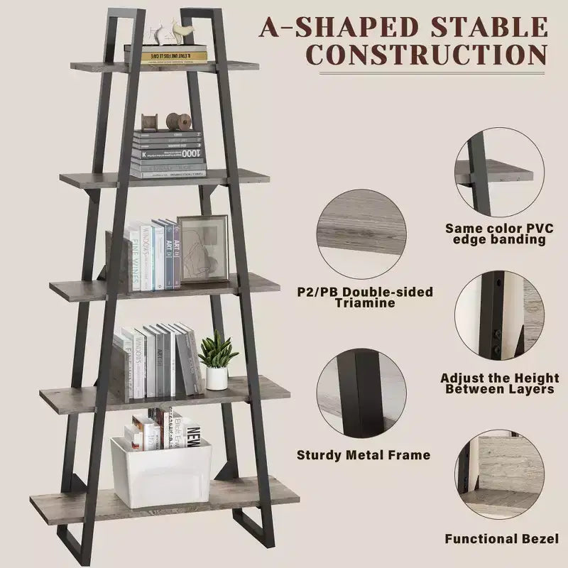 5-Tier Ladder Bookshelf with Metal Support, Tall Rustic Open Etagere Bookcase for Living Room, Office & Kitchen