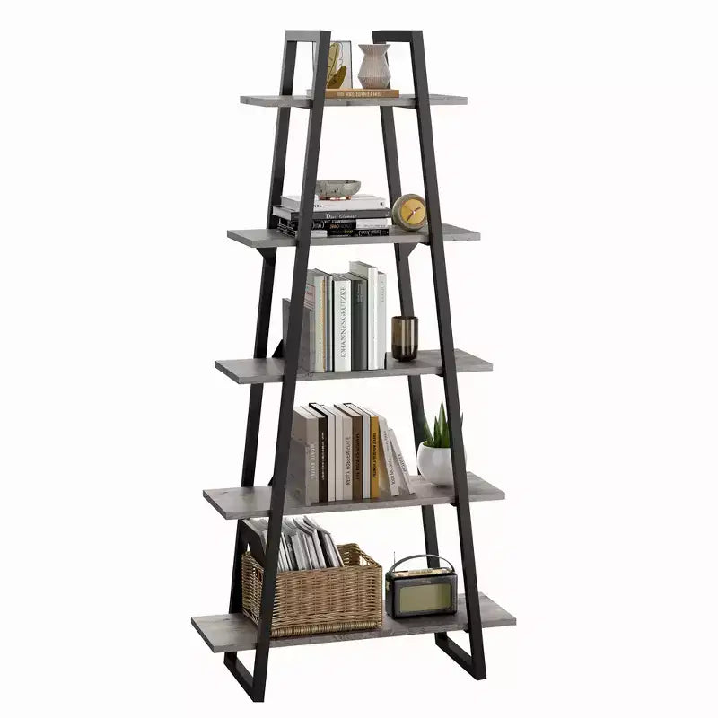 5-Tier Ladder Bookshelf with Metal Support, Tall Rustic Open Etagere Bookcase for Living Room, Office & Kitchen